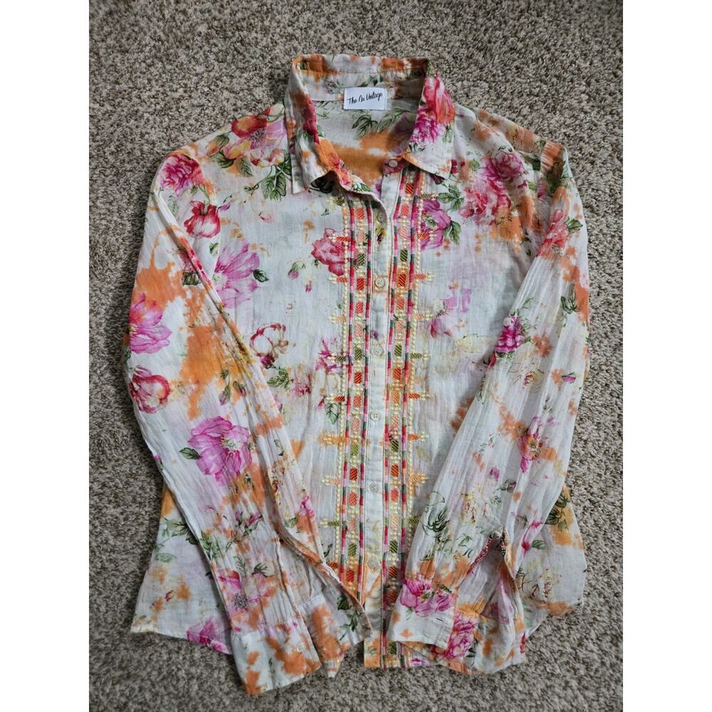 THE NU VINTAGE Floral Embroidered Button Down Shirt Size L Made In USA